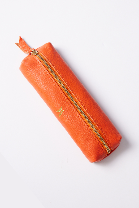 Leather Vanity Bags — assorted colors including orange, pink, red, tan, and black, each with gold zipper detail