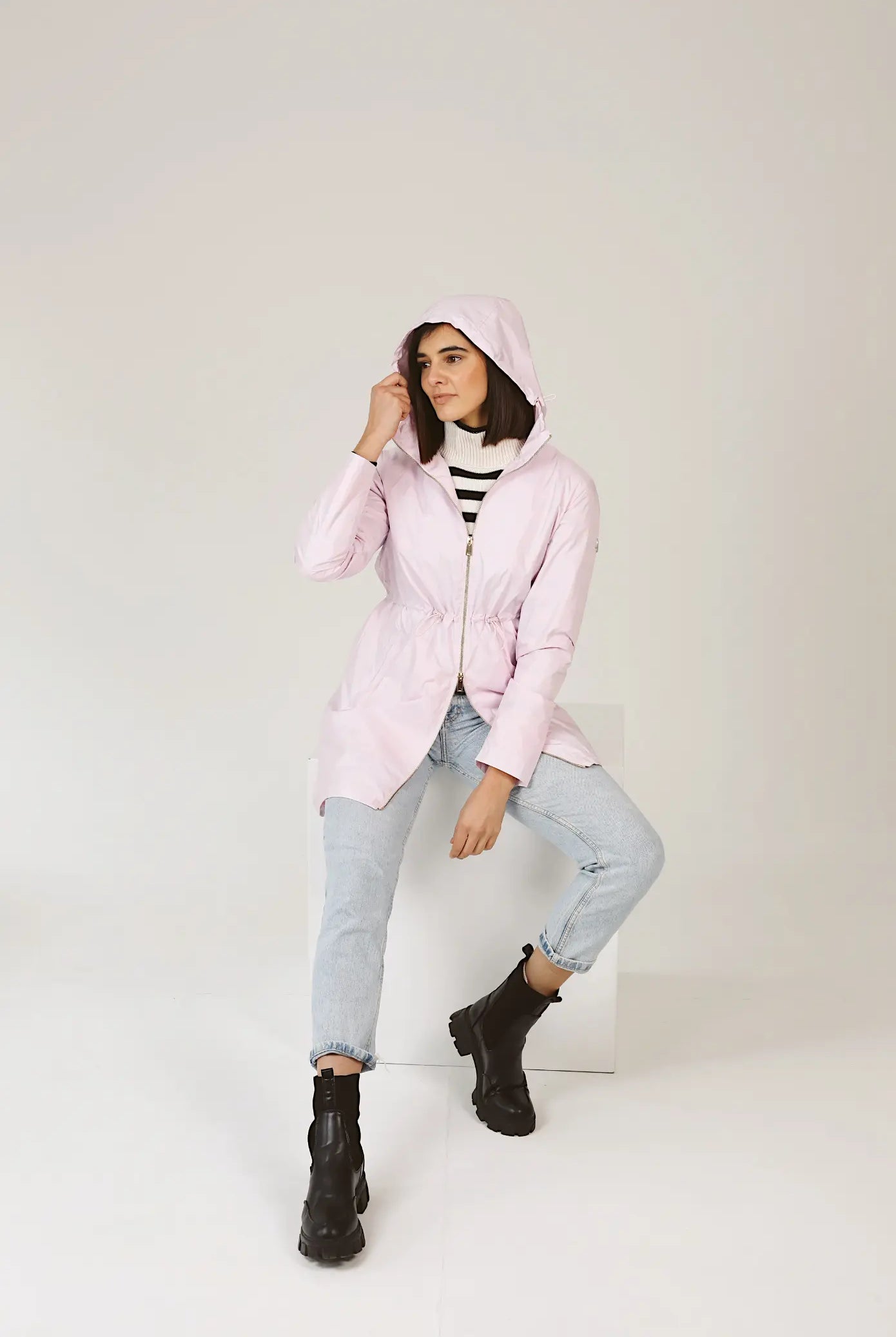 Rosewater Mist raincoat in pastel pink with hood, lightweight waterproof jacket for stylish rainy days in South Africa