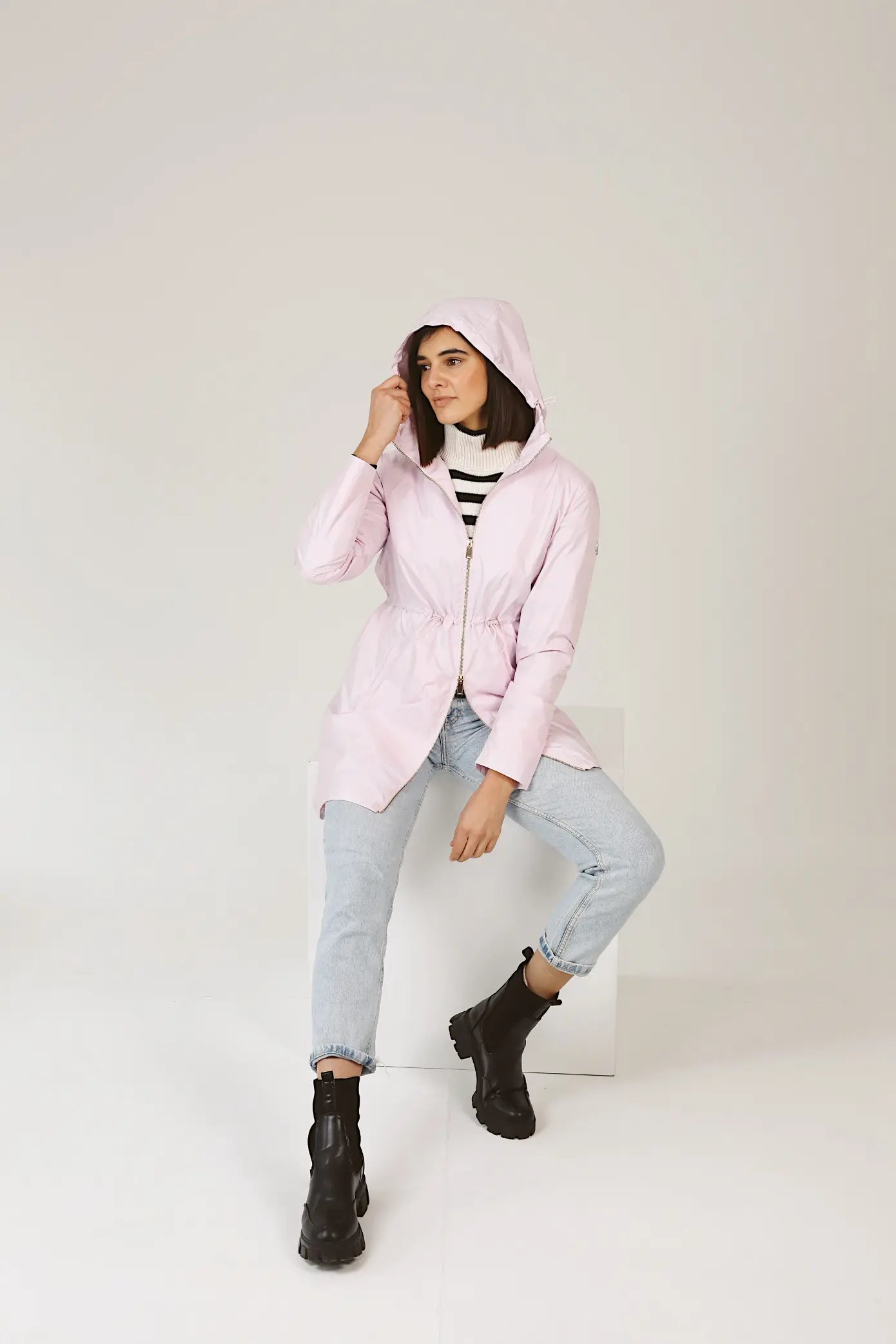 Rosewater Mist raincoat in pastel pink with hood, lightweight waterproof jacket for stylish rainy days in South Africa