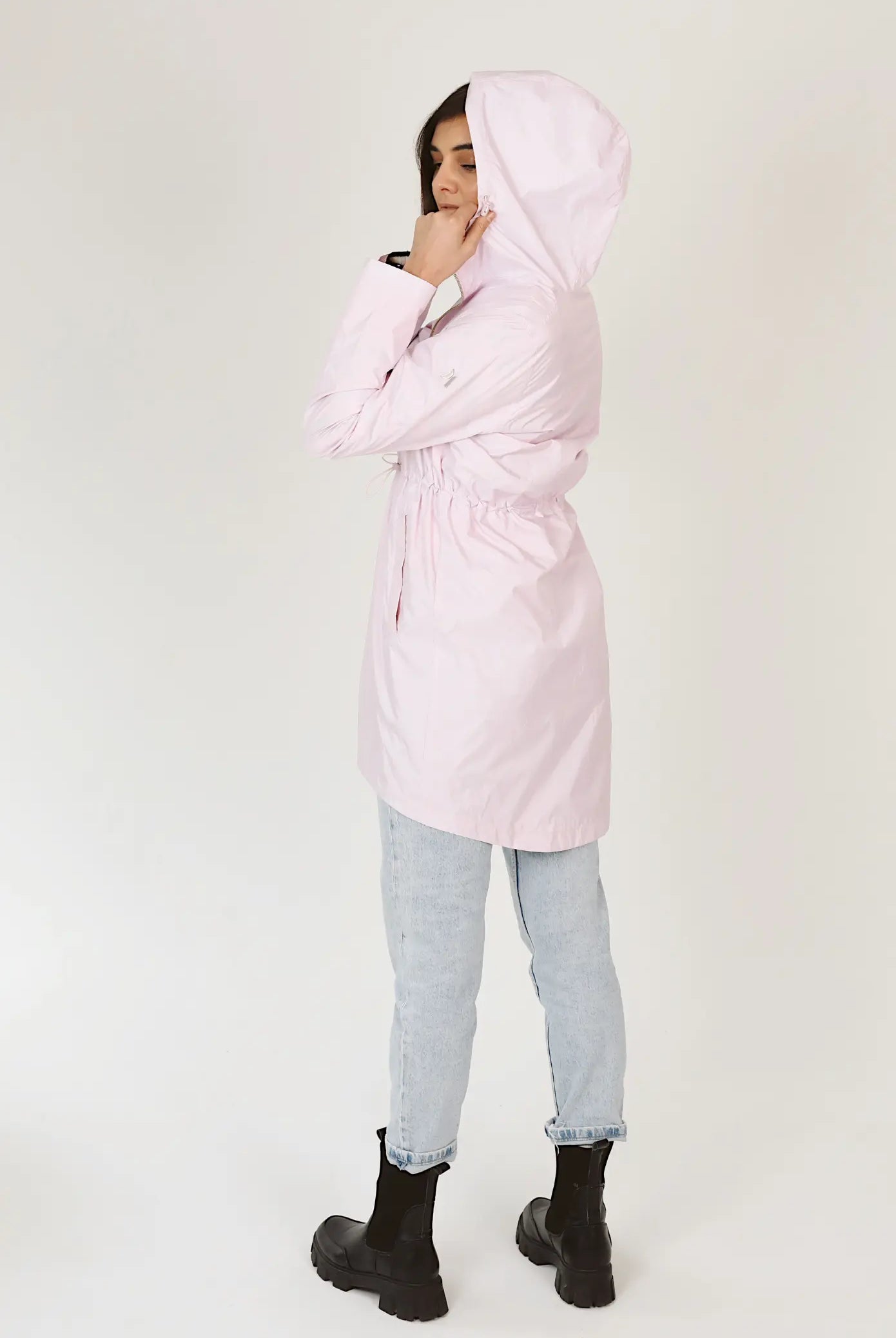 Rosewater Mist raincoat in pastel pink with hood, lightweight waterproof jacket for stylish rainy days in South Africa