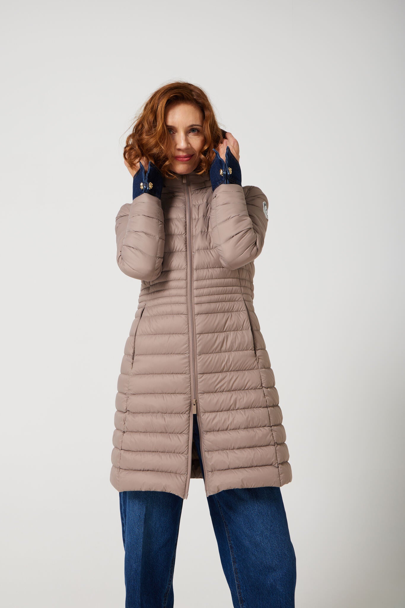 Women’s insulated midi-length hooded parka in chai beige, designed for warmth and comfort in South Africa’s winter season — Chai Midi Parka™