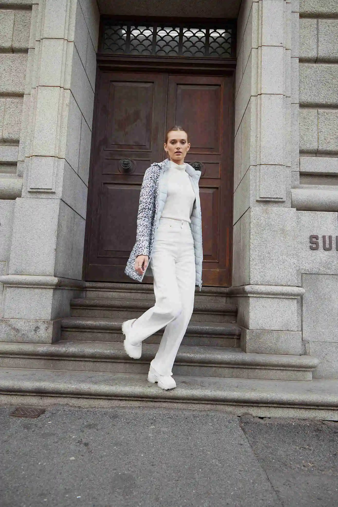 Women’s long Jaguar print parka in grey and white, lightweight insulated winter coat with hood and side pockets from Duck Apparel South Africa