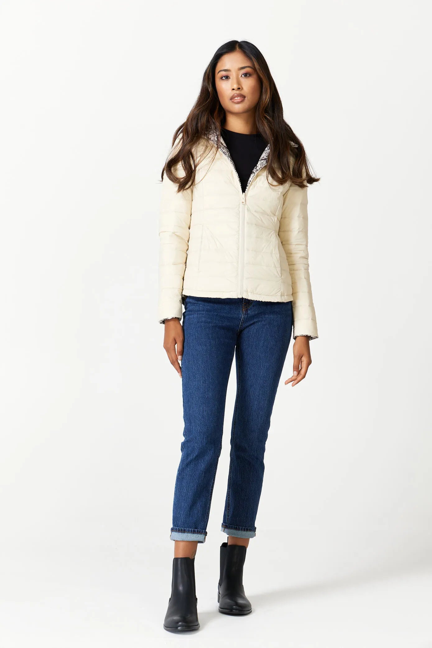 Women’s reversible cream puffer jacket with python-print inner lining and hood, lightweight insulated outerwear from Duck Apparel South Africa