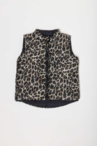 Kids Leopard x Black Gilet™ — sleeveless kids’ puffer vest in bold leopard print with black accents, a fun winter essential in South Africa