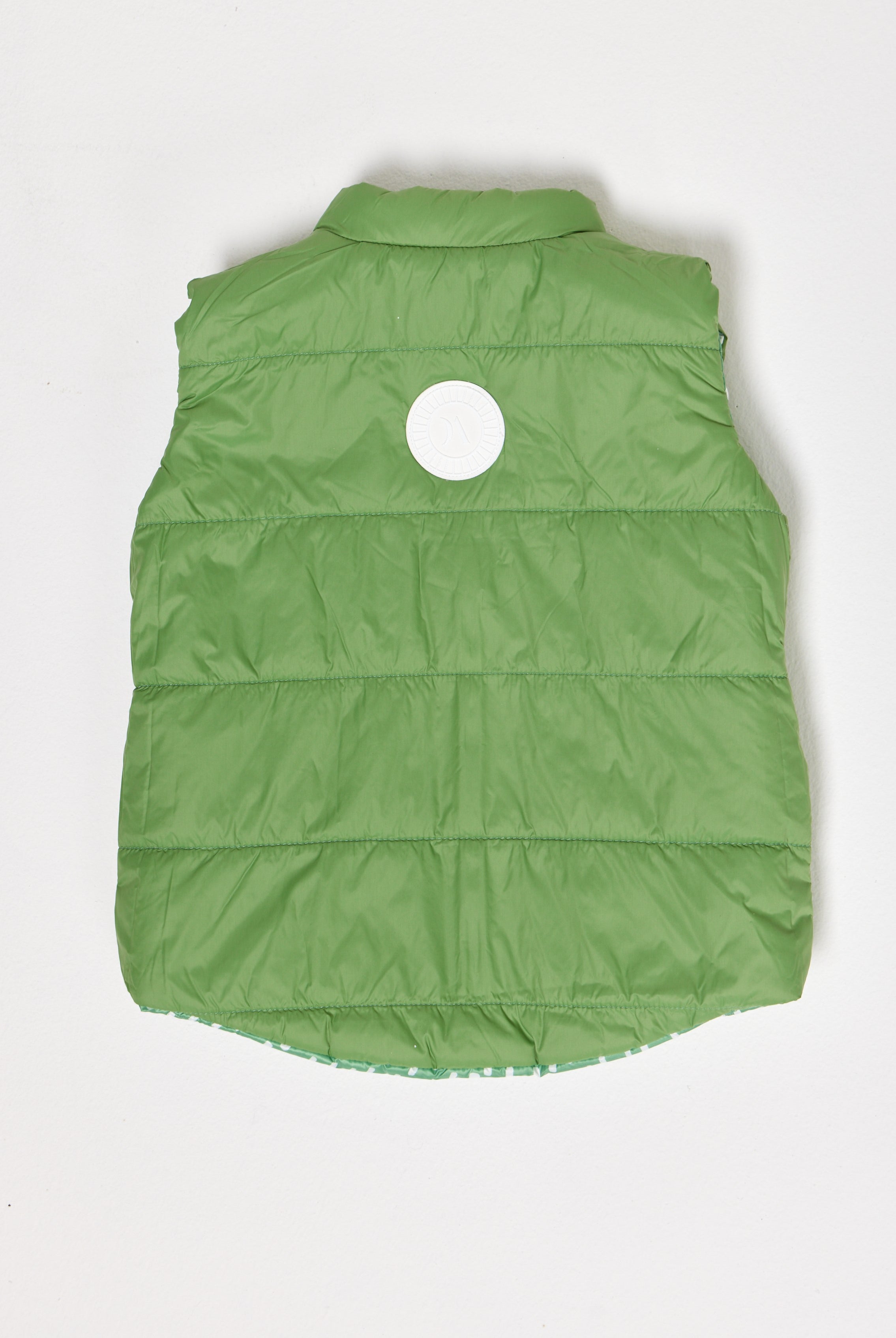 Kids Dots x Green Gilet™ — lightweight sleeveless puffer vest with playful white dot print on green, perfect for layering in South Africa