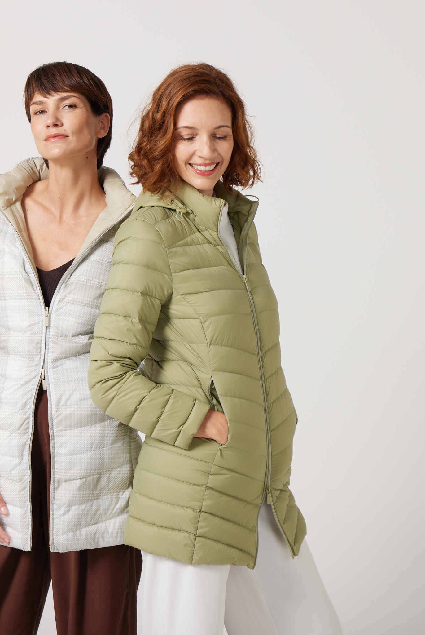 Tartan x Mist Classic Parka™ in light tartan check, insulated hooded reversible parka offering warmth and versatility for South Africa’s winter season and Matcha Classic Parka™ in light green matcha shade, insulated hooded parka designed for warmth and comfort in South Africa’s winter season