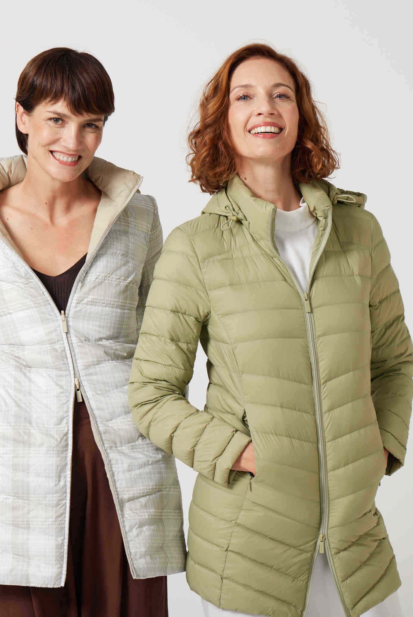 Tartan x Mist Classic Parka™ in light tartan check, insulated hooded reversible parka offering warmth and versatility for South Africa’s winter season and Matcha Classic Parka™ in light green matcha shade, insulated hooded parka designed for warmth and comfort in South Africa’s winter season