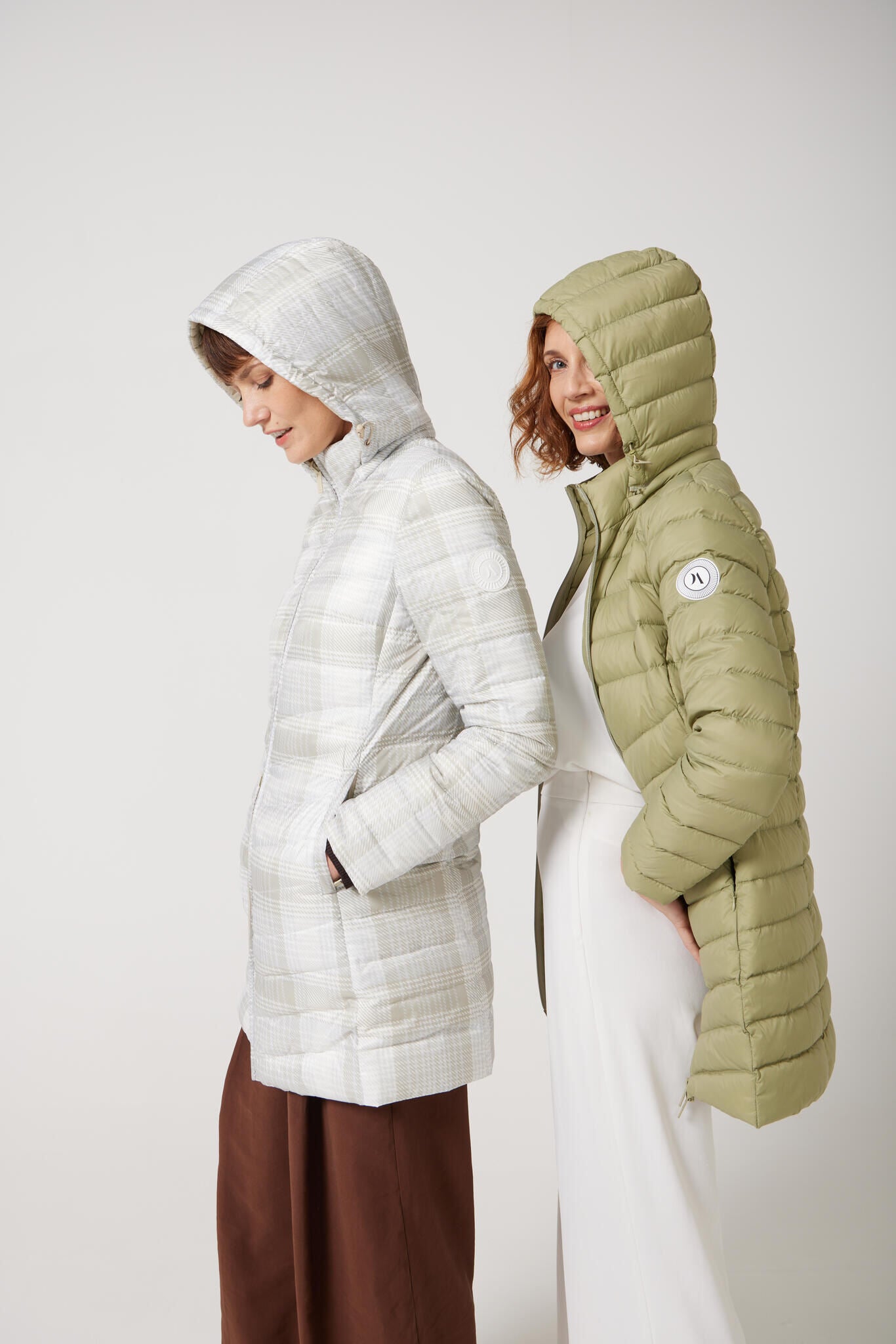 Tartan x Mist Classic Parka™ in light tartan check, insulated hooded reversible parka offering warmth and versatility for South Africa’s winter season and Matcha Classic Parka™ in light green matcha shade, insulated hooded parka designed for warmth and comfort in South Africa’s winter season