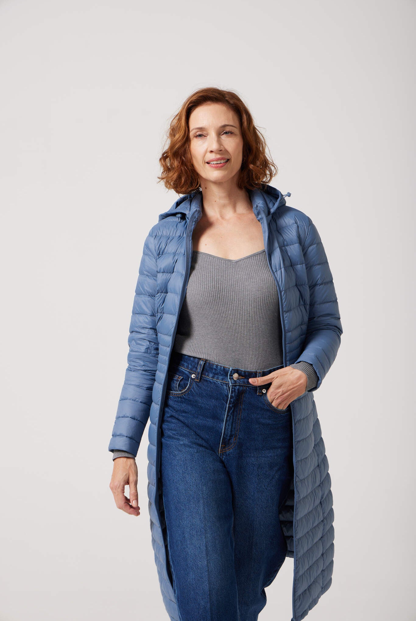 Women’s insulated ultra-length hooded parka in sky blue, designed for extra warmth and comfort in South Africa’s winter season — Vista Ultra Parka™