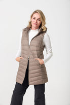 Chai Longline Gilet™ — women’s sleeveless quilted puffer vest in neutral chai brown, longline design with hood, ideal for layering in South Africa