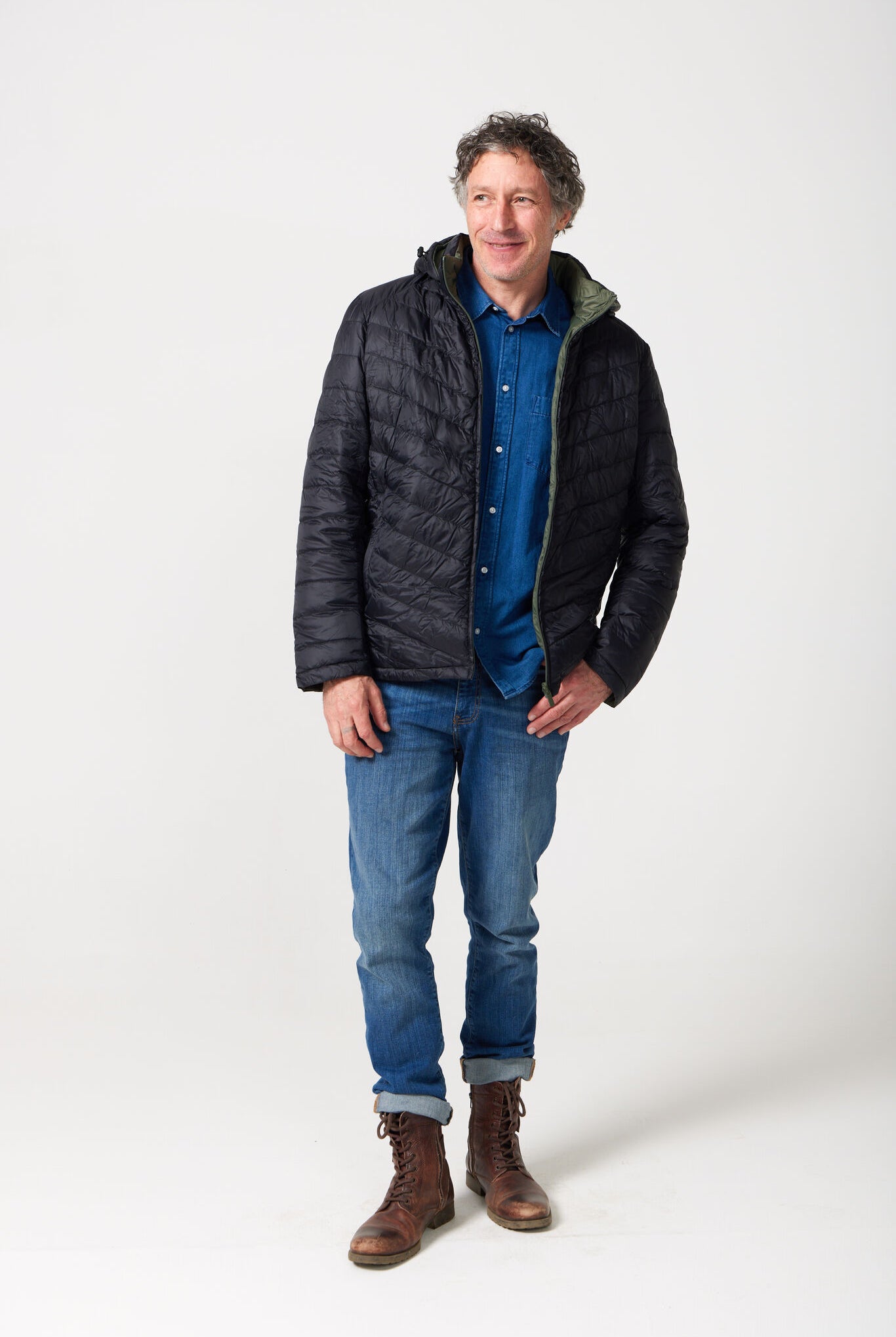 Men’s insulated hooded jacket in reversible sage green and black, lightweight and warm for South Africa’s winter layering — Sage x Black Classic Jacket™