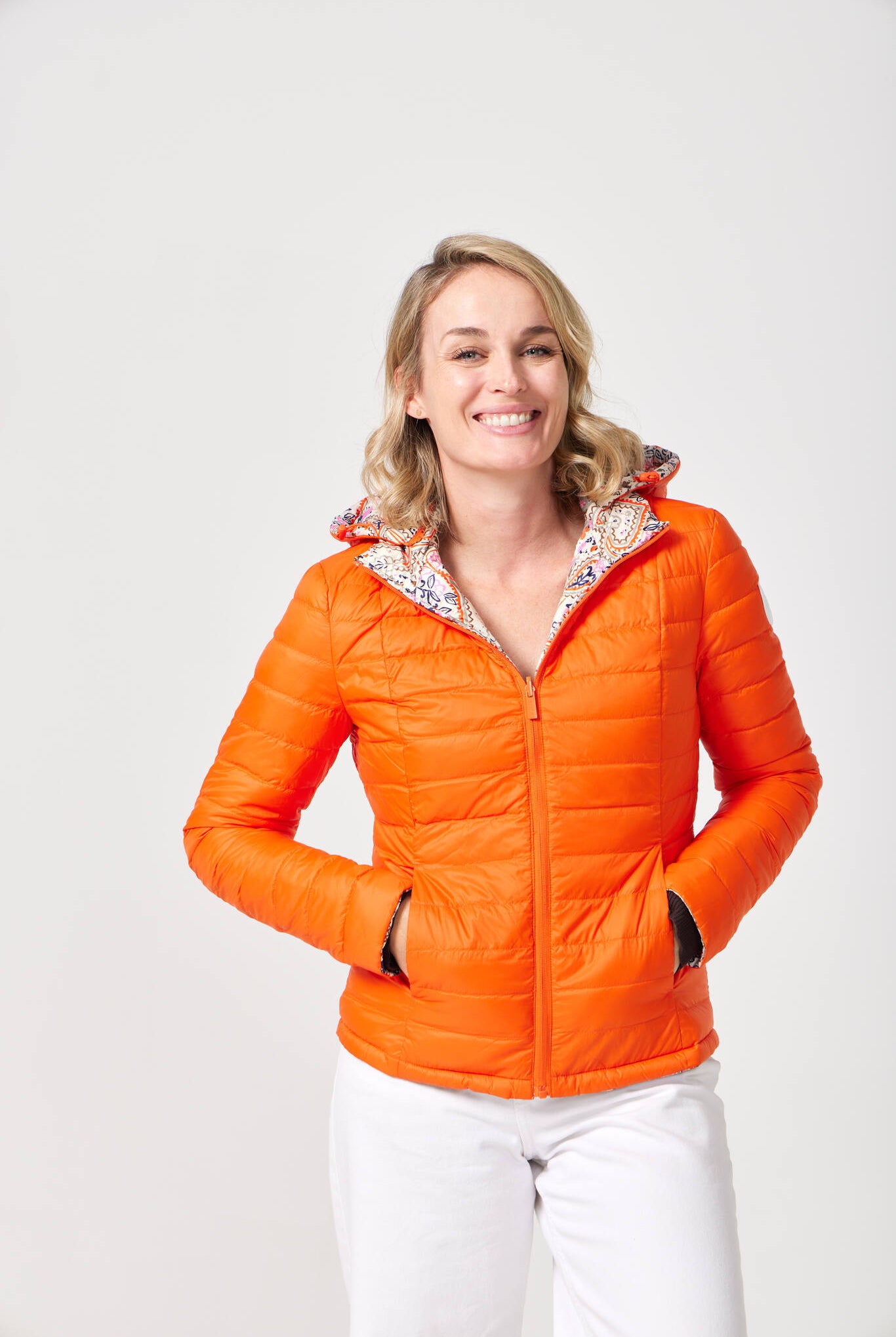 Women’s reversible paisley print and coral lightweight puffer jacket, stylish and versatile outerwear for South Africa — Paisley x Coral Classic Jacket™