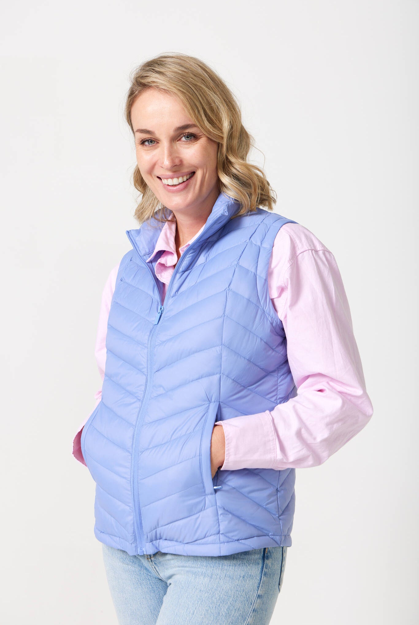 Vista Classic Gilet™ — women’s sleeveless puffer vest in soft vista blue, lightweight and versatile for layering in South Africa.