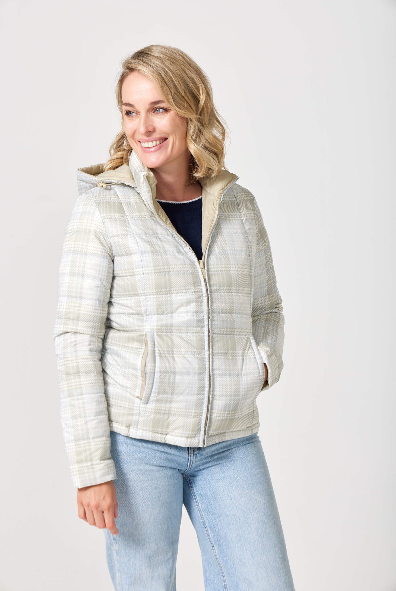 Women’s insulated hooded jacket in tartan plaid with champagne beige tones, designed for warmth and layering in South Africa’s winter season — Tartan x Champagne Classic Jacket™
