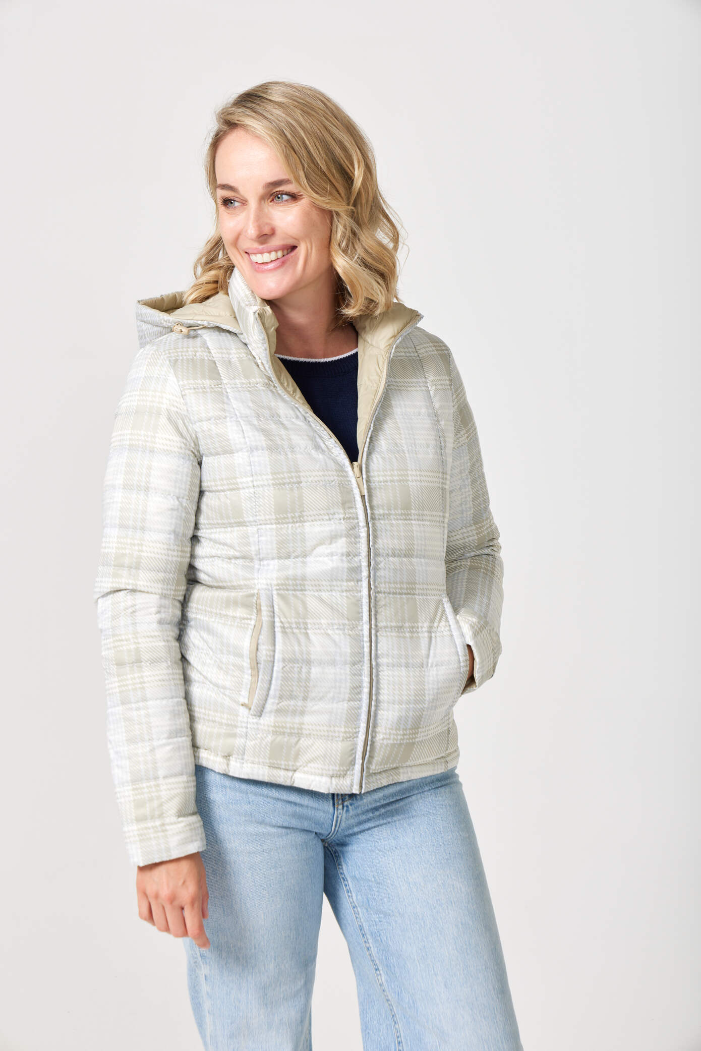 Women’s insulated hooded jacket in tartan plaid with champagne beige tones, designed for warmth and layering in South Africa’s winter season — Tartan x Champagne Classic Jacket™