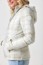 Women’s insulated hooded jacket in tartan plaid with champagne beige tones, designed for warmth and layering in South Africa’s winter season — Tartan x Champagne Classic Jacket™