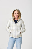Women’s insulated hooded jacket in tartan plaid with champagne beige tones, designed for warmth and layering in South Africa’s winter season — Tartan x Champagne Classic Jacket™