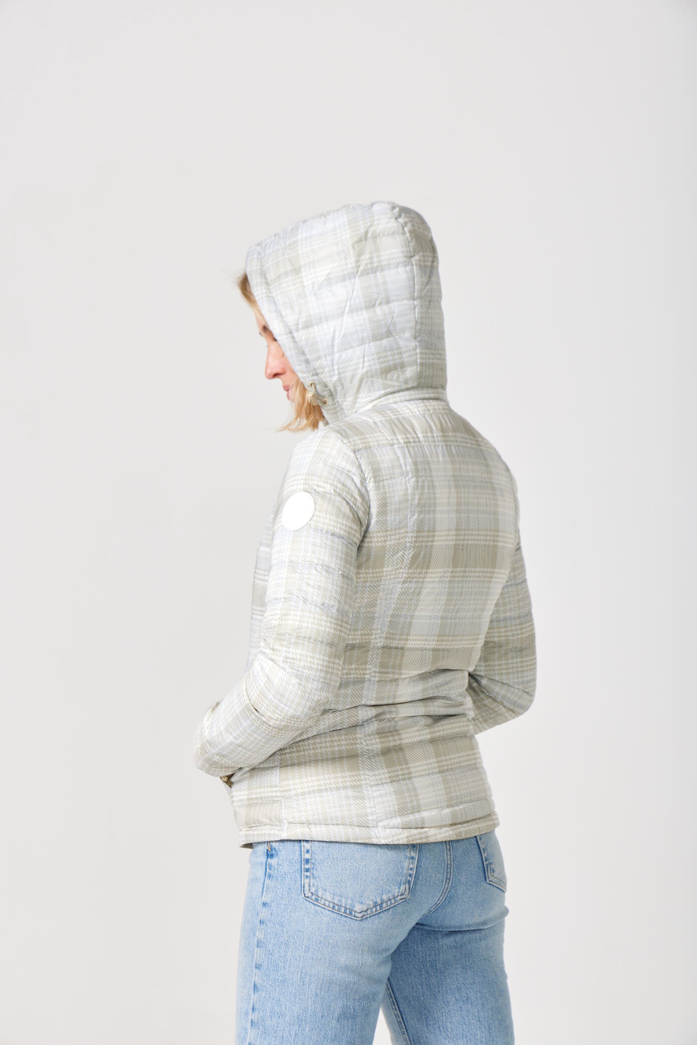 Women’s insulated hooded jacket in tartan plaid with champagne beige tones, designed for warmth and layering in South Africa’s winter season — Tartan x Champagne Classic Jacket™