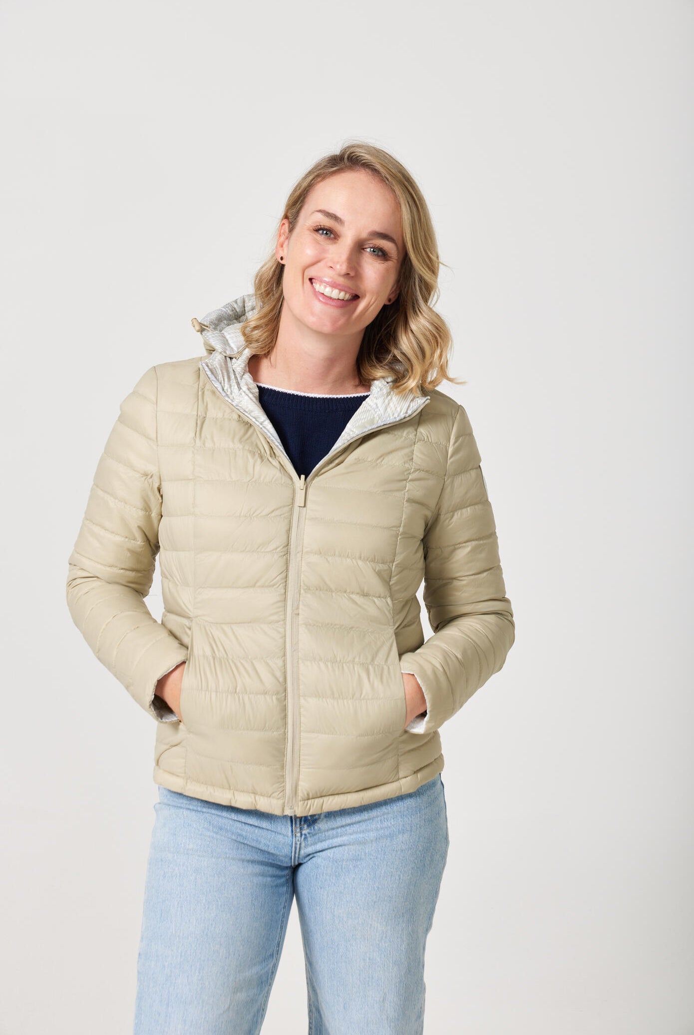 Women’s insulated hooded jacket in tartan plaid with champagne beige tones, designed for warmth and layering in South Africa’s winter season — Tartan x Champagne Classic Jacket™