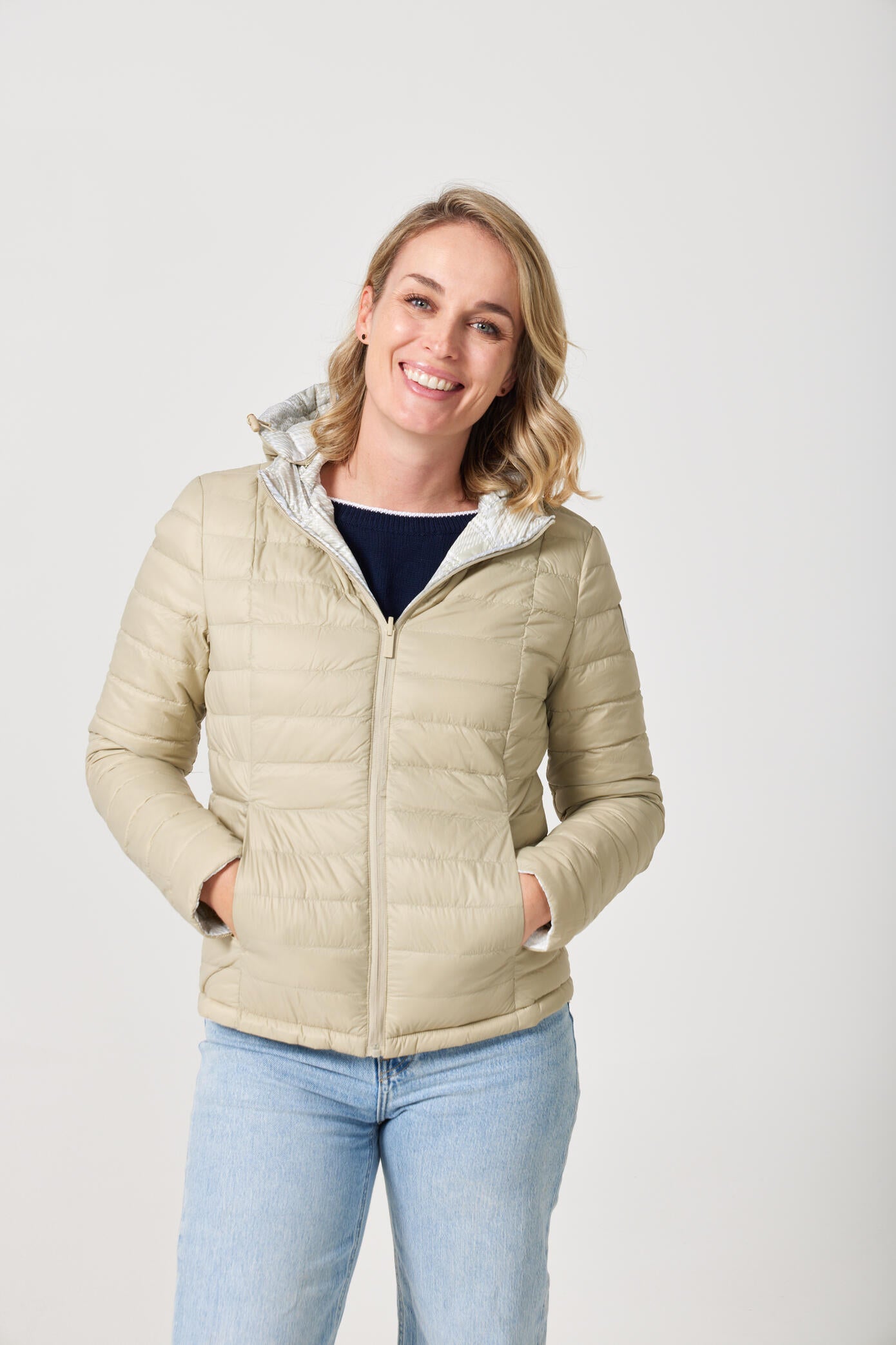 Women’s insulated hooded jacket in tartan plaid with champagne beige tones, designed for warmth and layering in South Africa’s winter season — Tartan x Champagne Classic Jacket™