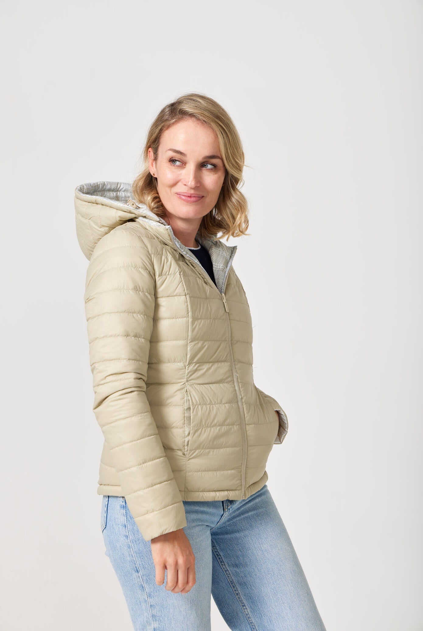 Women’s insulated hooded jacket in tartan plaid with champagne beige tones, designed for warmth and layering in South Africa’s winter season — Tartan x Champagne Classic Jacket™