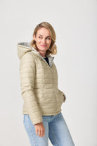 Women’s insulated hooded jacket in tartan plaid with champagne beige tones, designed for warmth and layering in South Africa’s winter season — Tartan x Champagne Classic Jacket™