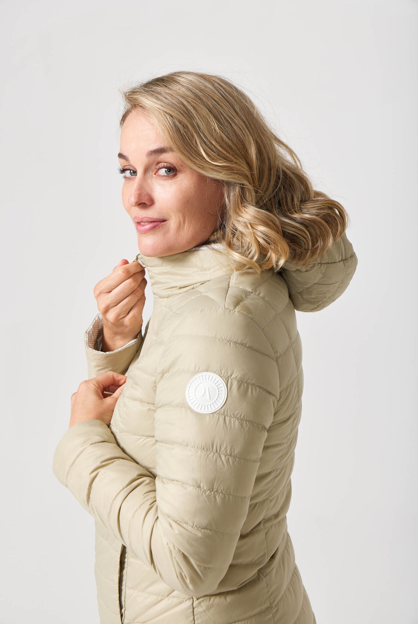 Women’s insulated hooded jacket in tartan plaid with champagne beige tones, designed for warmth and layering in South Africa’s winter season — Tartan x Champagne Classic Jacket™