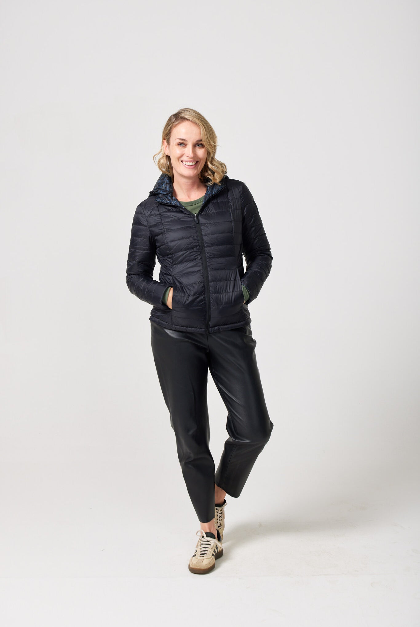 Women’s reversible black and printed puffer jacket, lightweight and versatile for layering in South Africa — Midnight x Panther Classic Jacket™