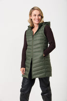 Sage Longline Gilet™ — women’s sleeveless gilet in sage green, extra length with hood, versatile for layering in winter an essential in South Africa