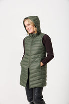 Sage Longline Gilet™ — women’s sleeveless gilet in sage green, extra length with hood, versatile for layering in winter an essential in South Africa