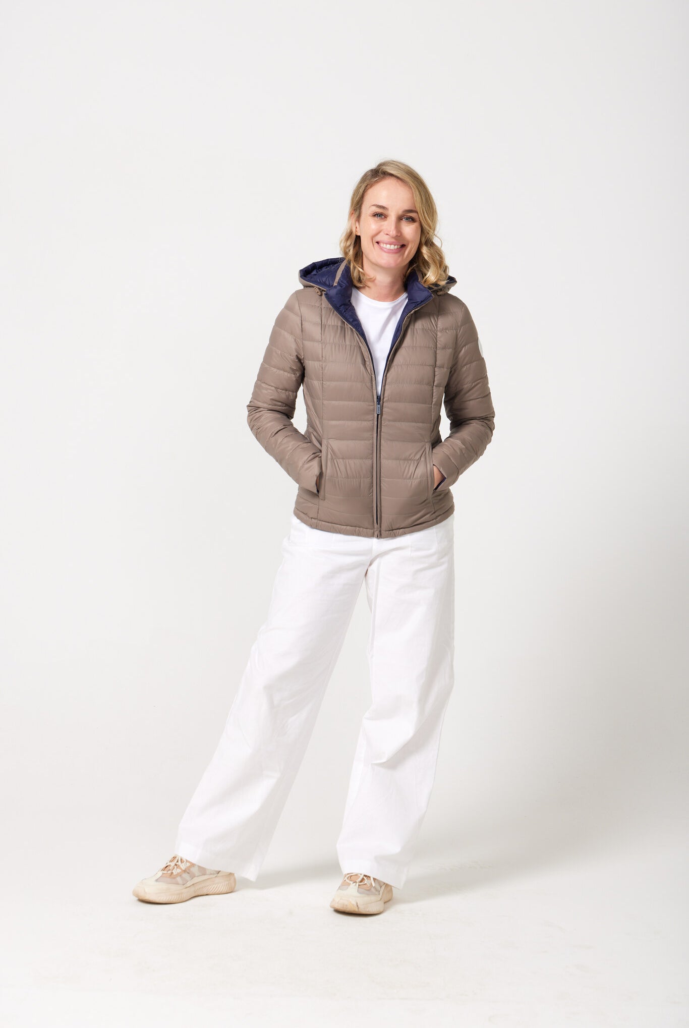 Women’s reversible toffee brown and navy blue lightweight puffer jacket, versatile casual outerwear for South Africa — Navy x Toffee Classic Jacket™