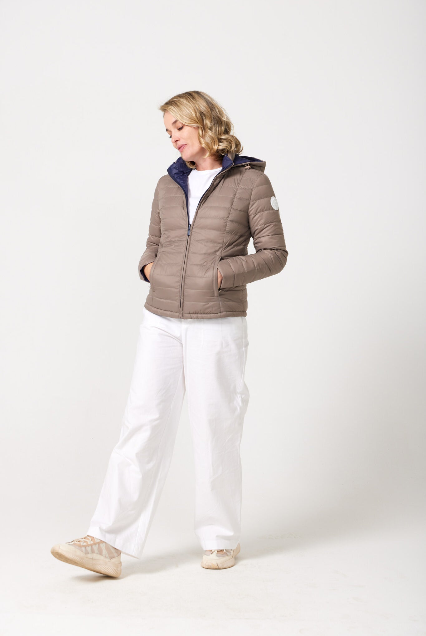 Women’s reversible toffee brown and navy blue lightweight puffer jacket, versatile casual outerwear for South Africa — Navy x Toffee Classic Jacket™