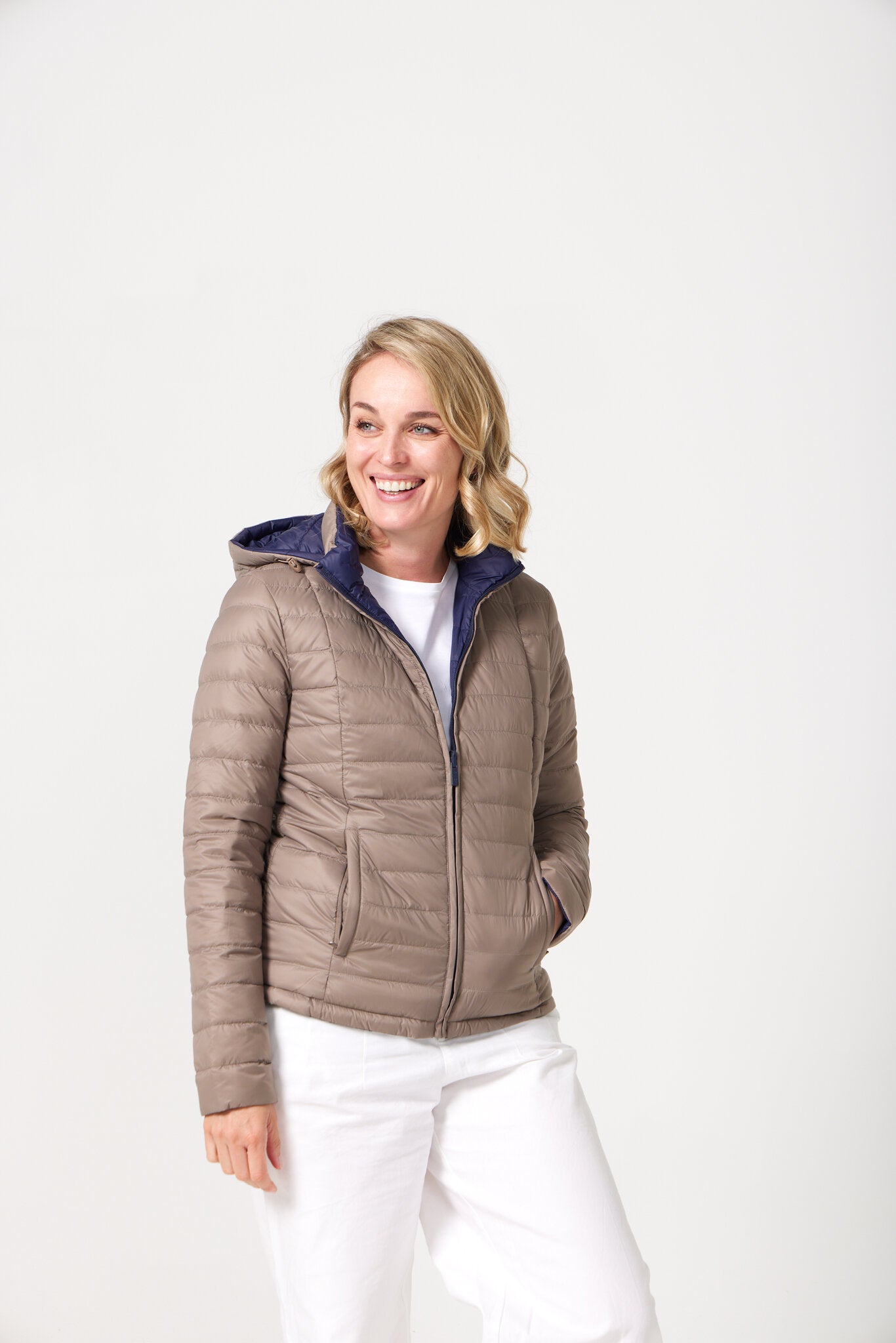 Women’s reversible toffee brown and navy blue lightweight puffer jacket, versatile casual outerwear for South Africa — Navy x Toffee Classic Jacket™