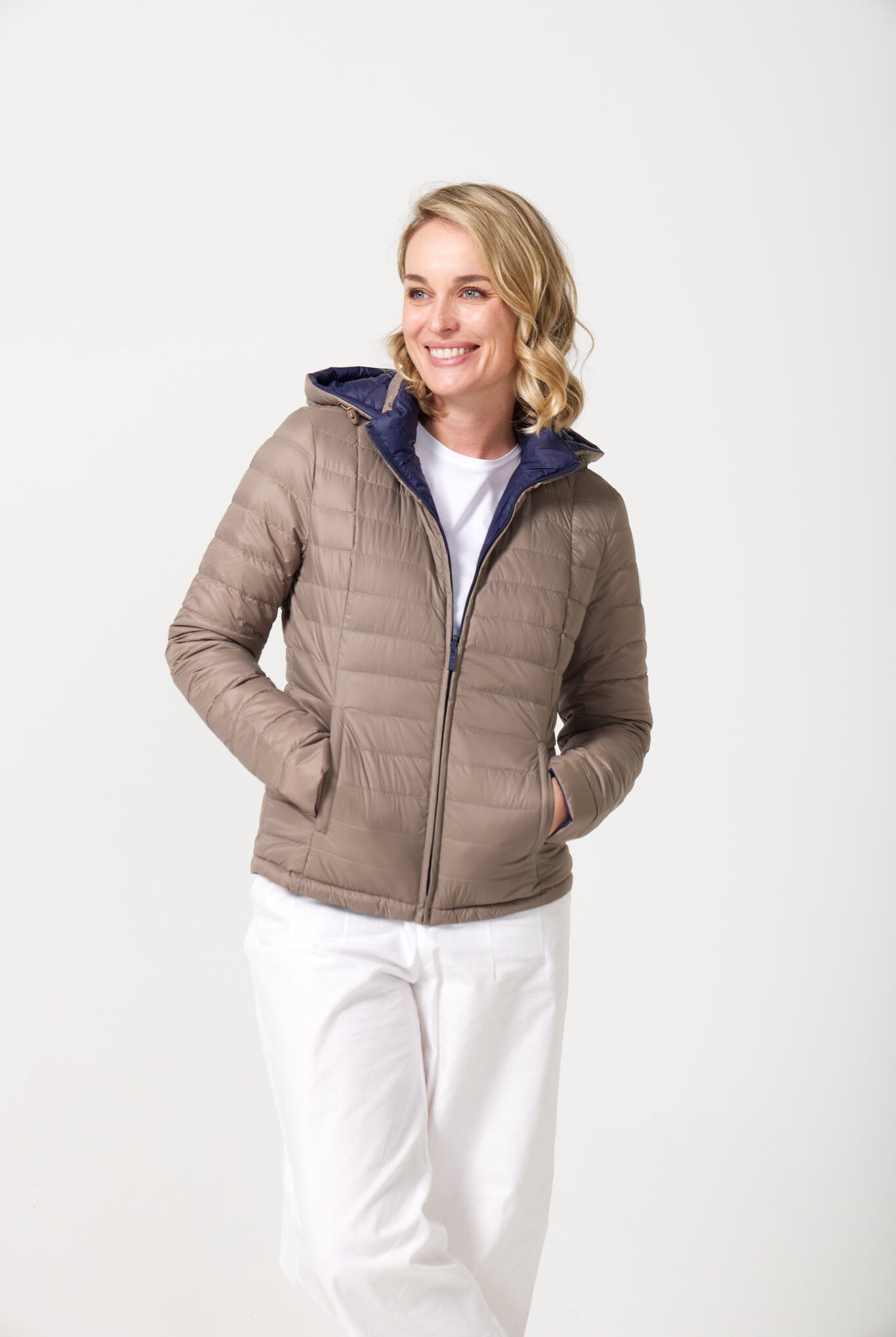Women’s reversible toffee brown and navy blue lightweight puffer jacket, versatile casual outerwear for South Africa — Navy x Toffee Classic Jacket™
