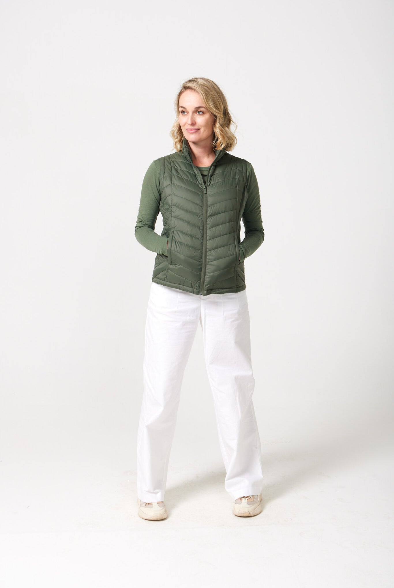 Sage Classic Gilet™ — women’s sleeveless quilted puffer vest in earthy sage green, perfect for lightweight layering in South Africa