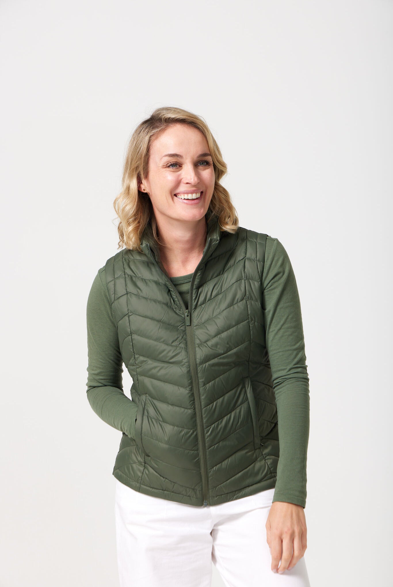 Sage Classic Gilet™ — women’s sleeveless quilted puffer vest in earthy sage green, perfect for lightweight layering in South Africa