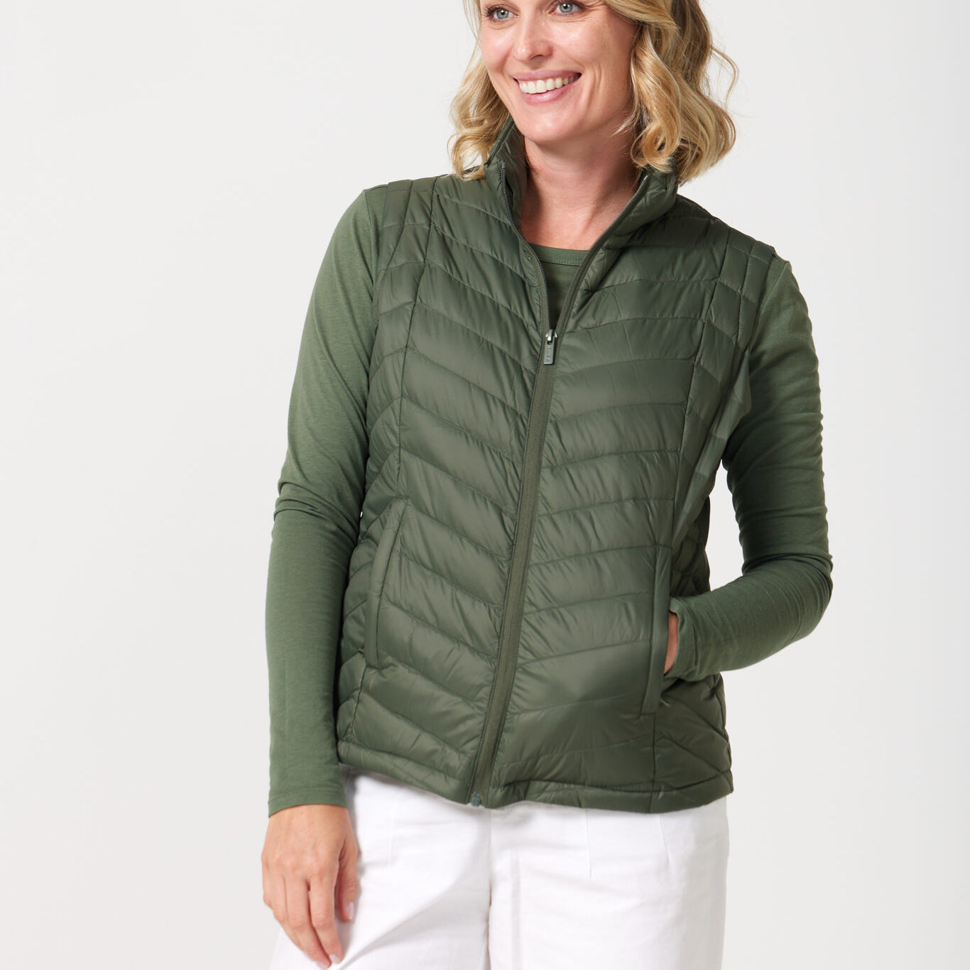 Sage Classic Gilet™ — women’s sleeveless quilted puffer vest in earthy sage green, perfect for lightweight layering in South Africa