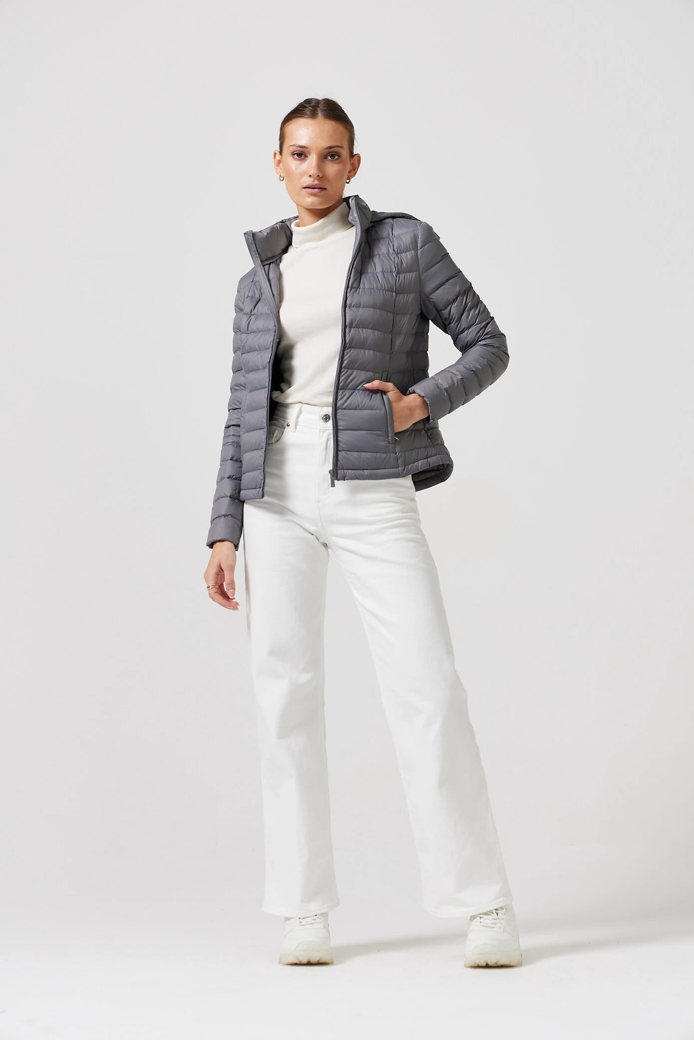 Women's grey puffer jacket with side pockets, lightweight winter jacket for layering, Duck Apparel outerwear South Africa