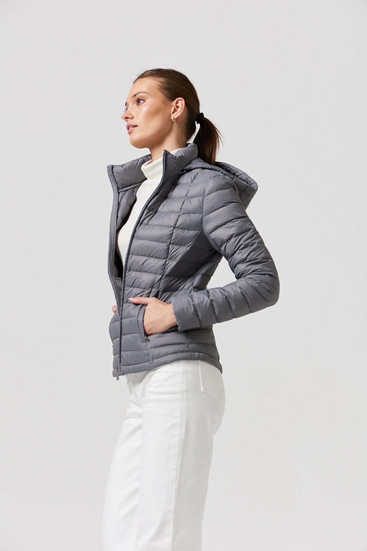 Women's grey puffer jacket with side pockets, lightweight winter jacket for layering, Duck Apparel outerwear South Africa