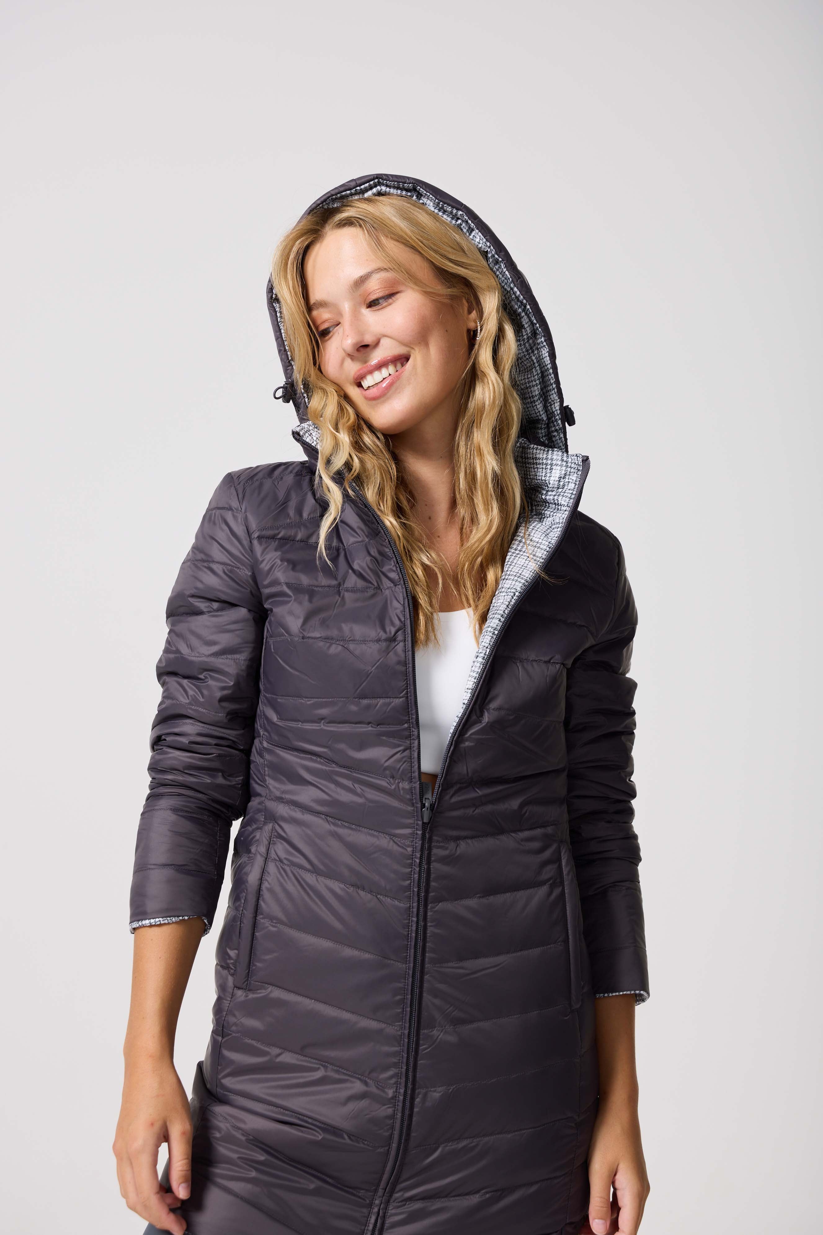 Reversible Charcoal Check Duck Down Puffer Coat - Duck Apparel