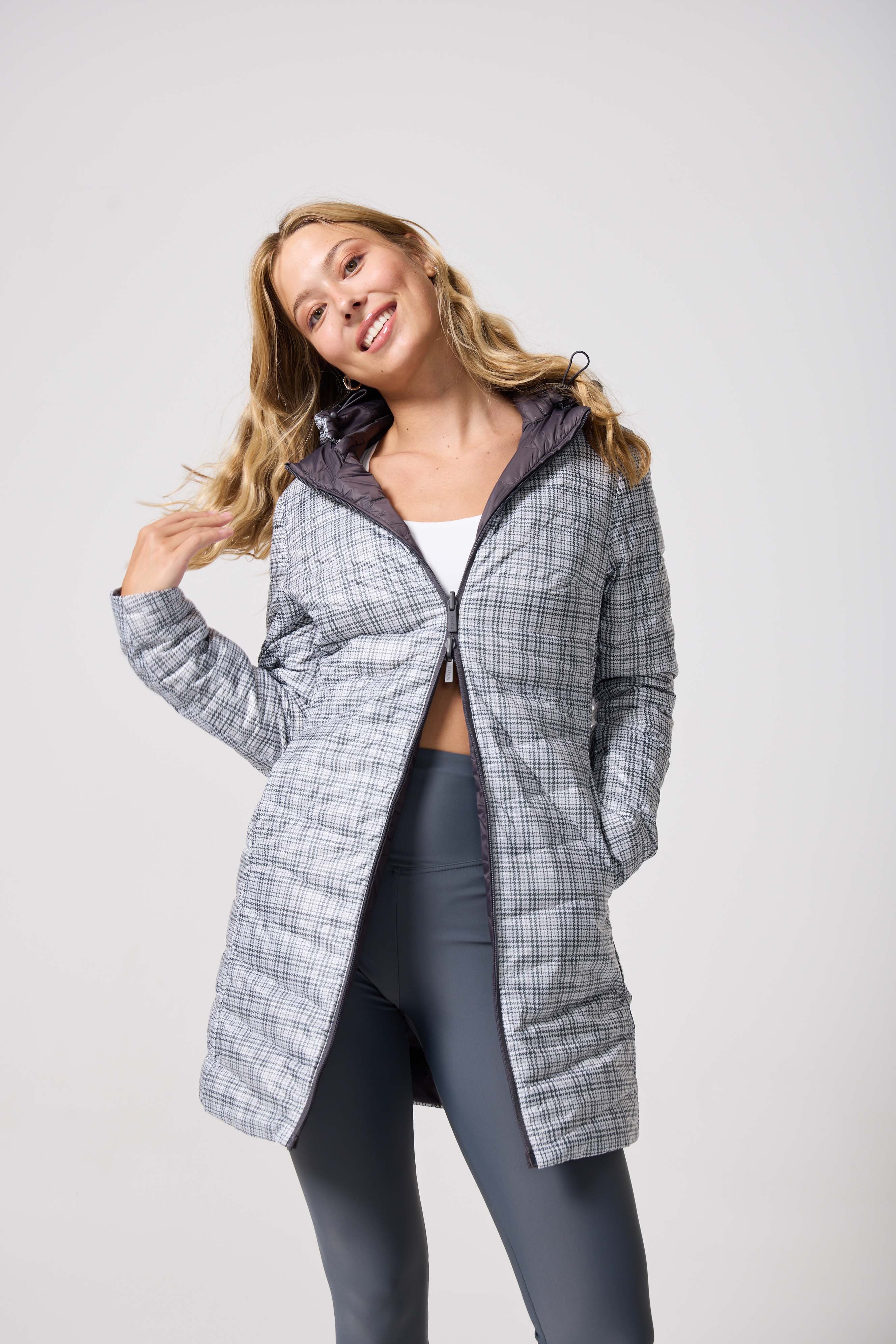 Reversible Charcoal Check Duck Down Puffer Coat - Duck Apparel