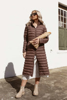 Women’s insulated ultra-length hooded parka in espresso brown, designed for extra warmth and comfort in South Africa’s winter season — Espresso Ultra Parka™