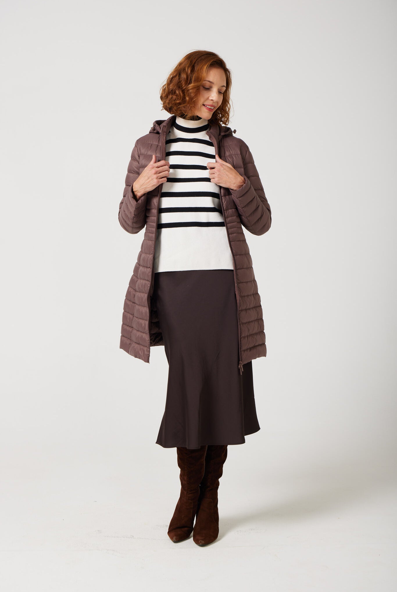 Women’s insulated midi-length hooded parka in espresso brown, designed for warmth and comfort in South Africa’s winter season — Espresso Midi Parka™