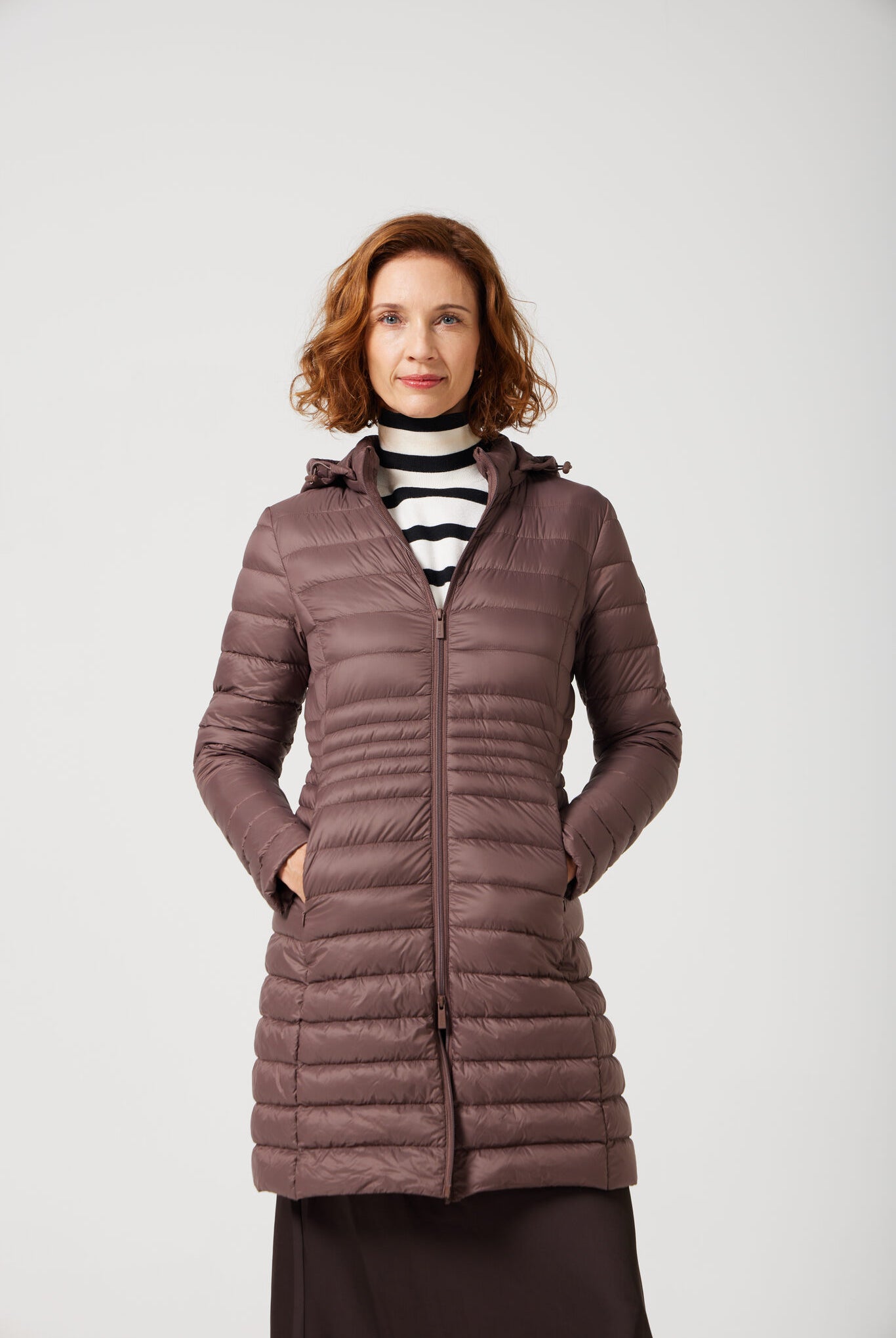 Women’s insulated midi-length hooded parka in espresso brown, designed for warmth and comfort in South Africa’s winter season — Espresso Midi Parka™