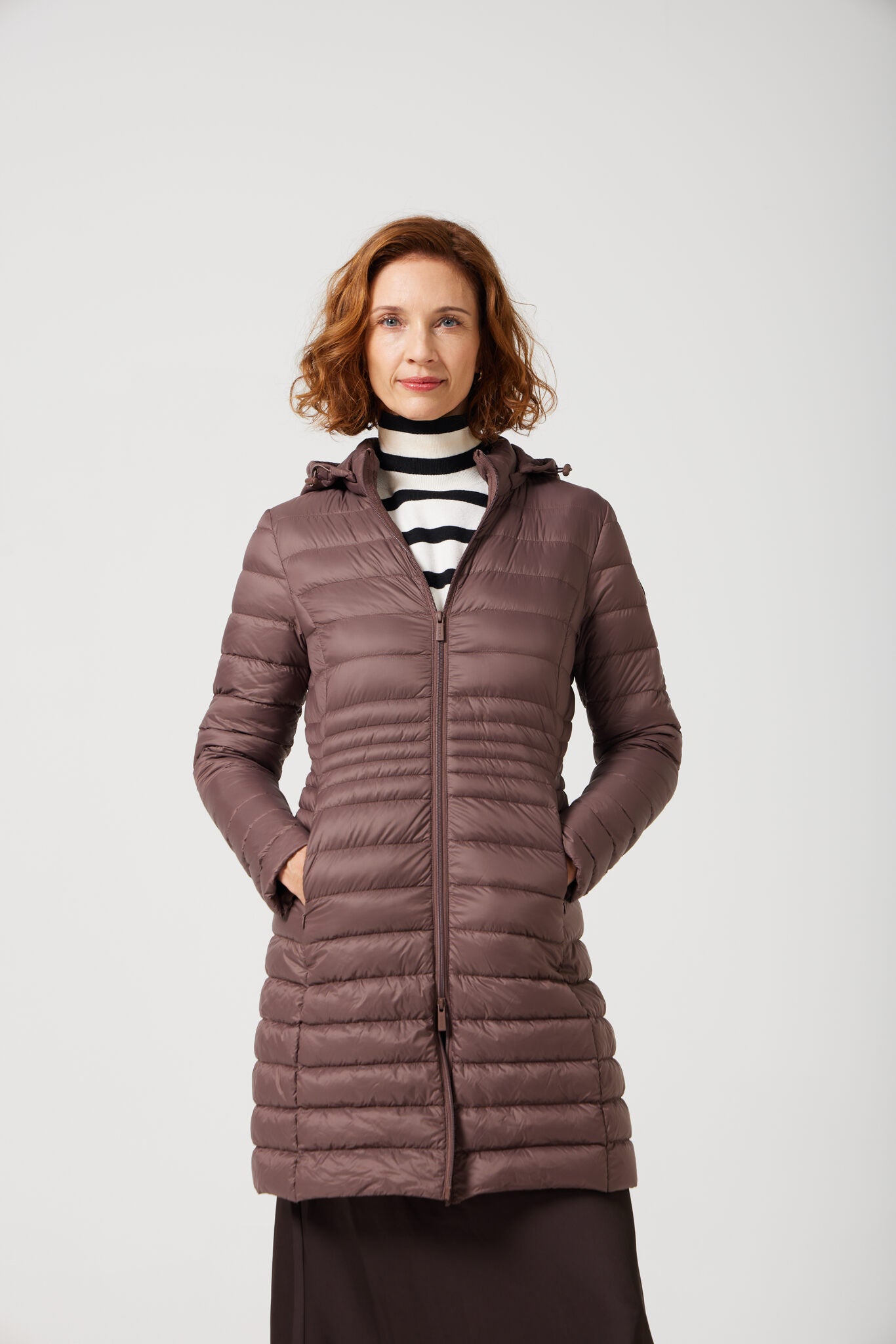 Women’s insulated midi-length hooded parka in espresso brown, designed for warmth and comfort in South Africa’s winter season — Espresso Midi Parka™