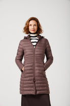 Women’s insulated midi-length hooded parka in espresso brown, designed for warmth and comfort in South Africa’s winter season — Espresso Midi Parka™
