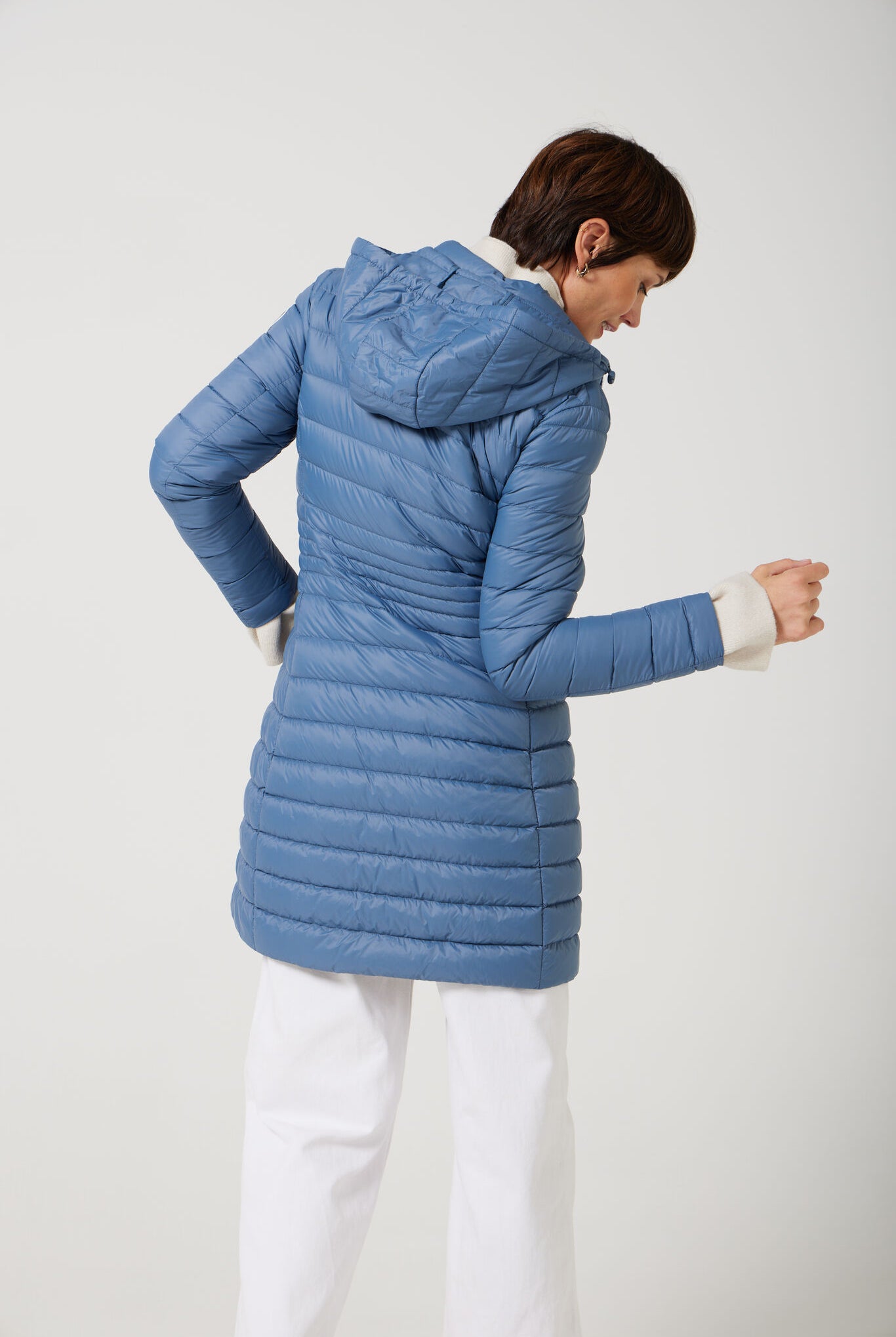 Women’s insulated midi-length hooded parka in sky blue, designed for warmth and comfort in South Africa’s winter season — Vista Midi Parka™