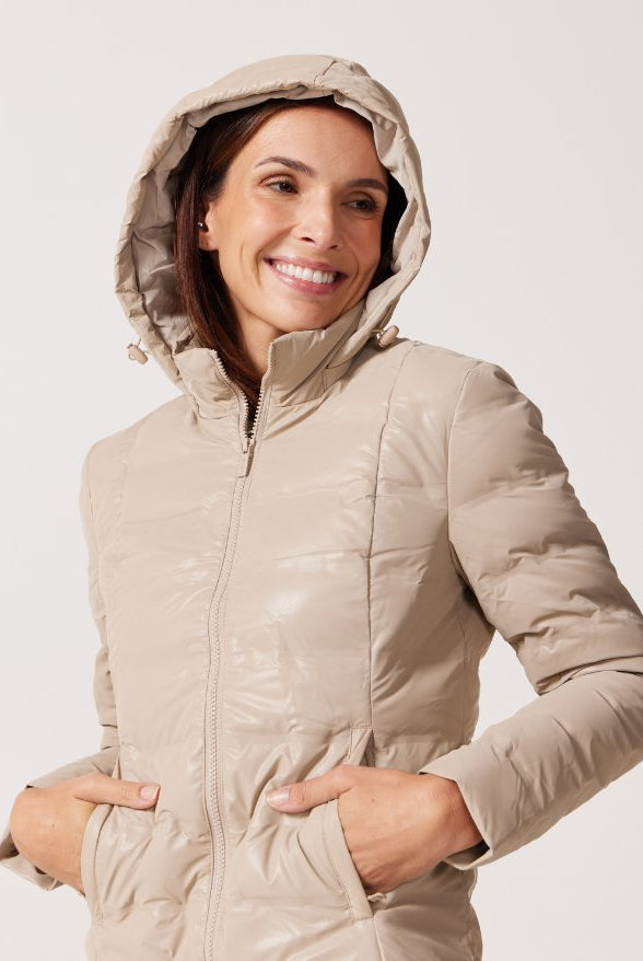 Beige Leather Look Duck Down Puffer Jacket - Duck Apparel