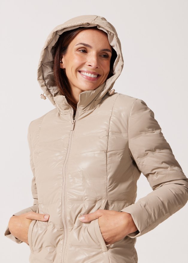 Beige Leather Look Duck Down Puffer Jacket - Duck Apparel