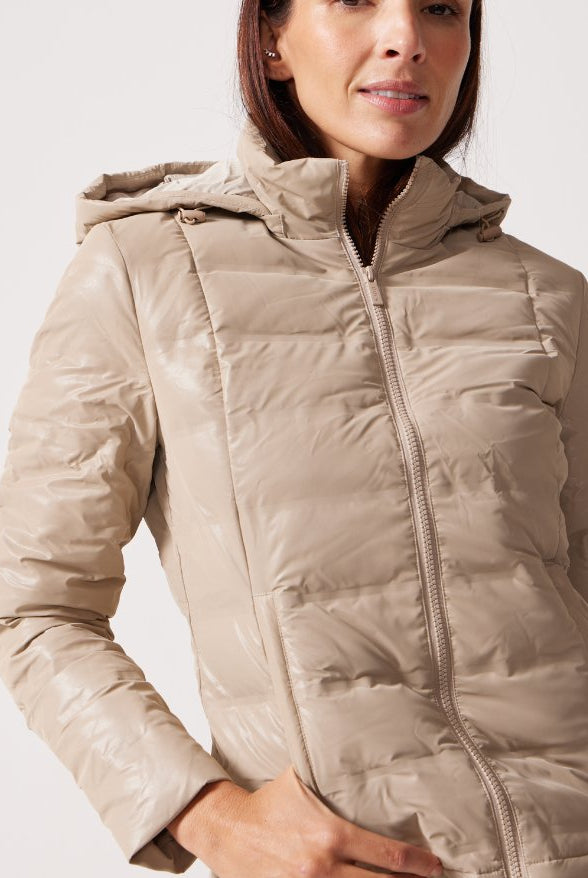 Beige Leather Look Duck Down Puffer Jacket - Duck Apparel